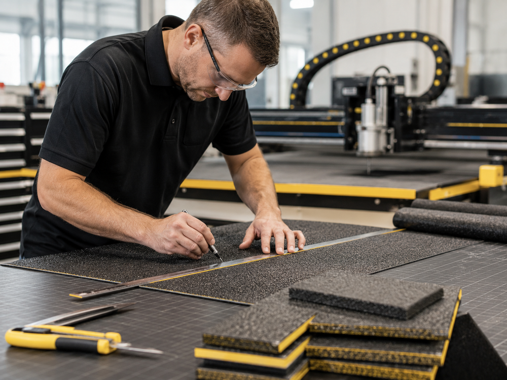 Technician preparing custom anti-slip material for an OEM application
