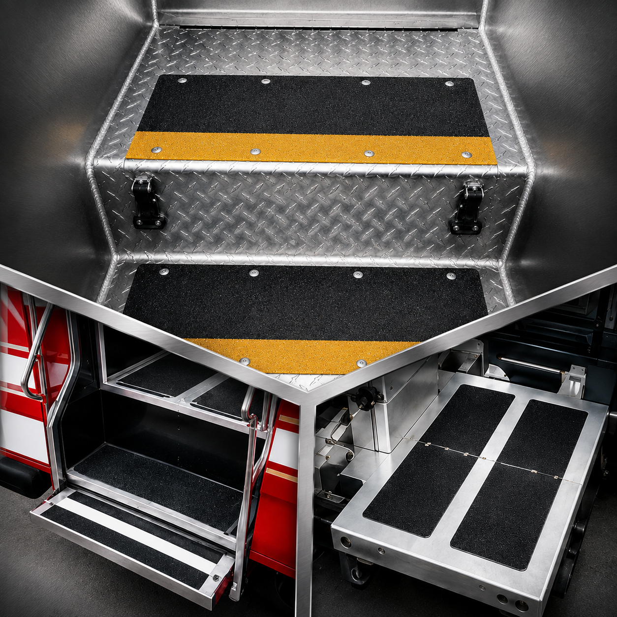 Custom anti-slip treads fitted to industrial equipment steps